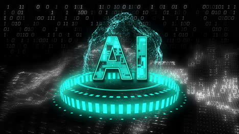 glowing ai text with digital binary code and animation of futuristic circuits