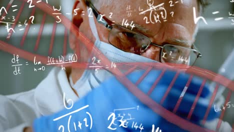 animation of dna strand spinning with calculations on male lab worker in background. global medicine