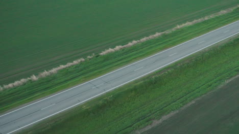 overhead drone view of straight two-lane road with crisp white markings cutting through lush green farmland under soft dusky light, highlighting contrast between asphalt ribbon