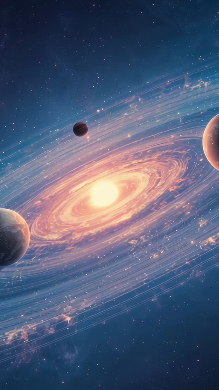 Vertical video: Starting spiral galaxy rotating in outer space, with dust ring and orbiting planets