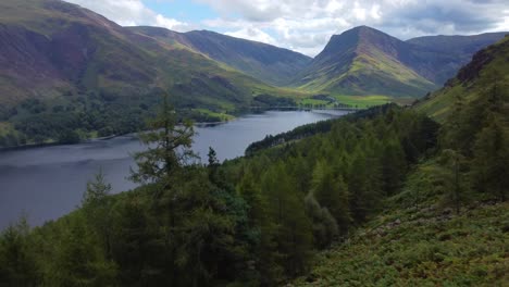 aerial drone video in 4k of a beautiful landscape with lake forest and mountains - taken in buttermere, lake district uk