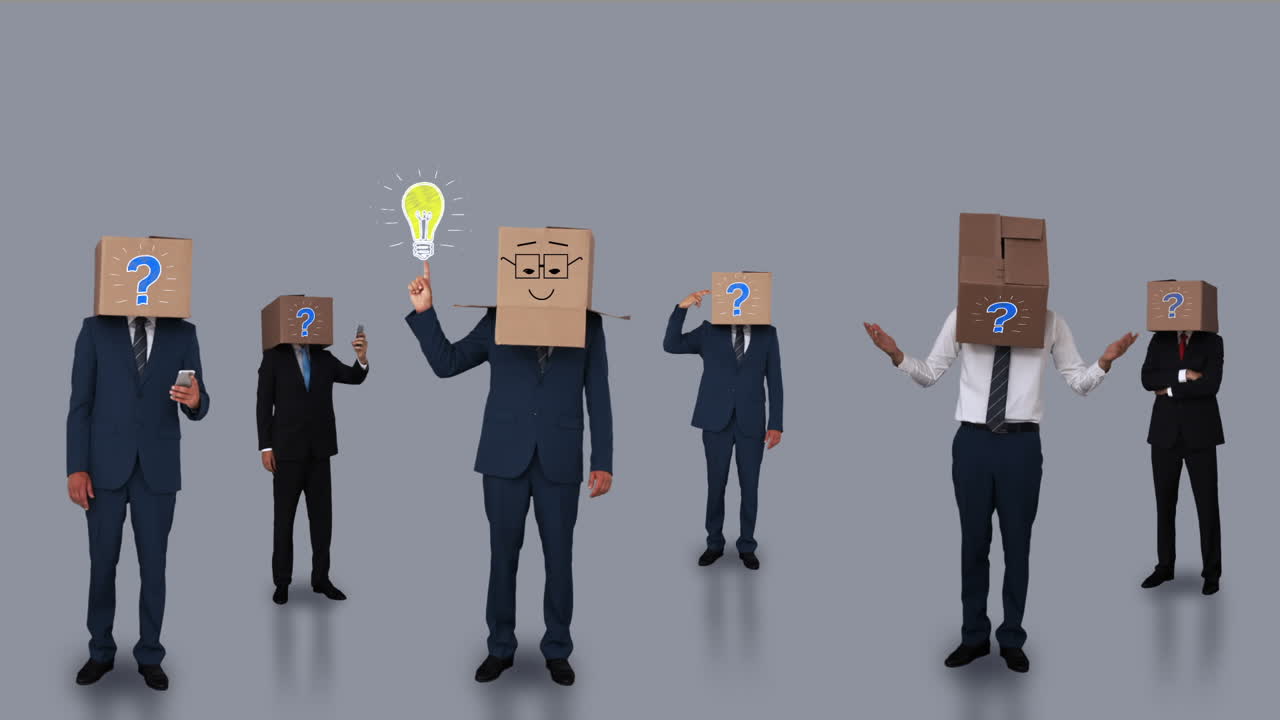 상자와 함께 머리를 숨기는 사업가 팀