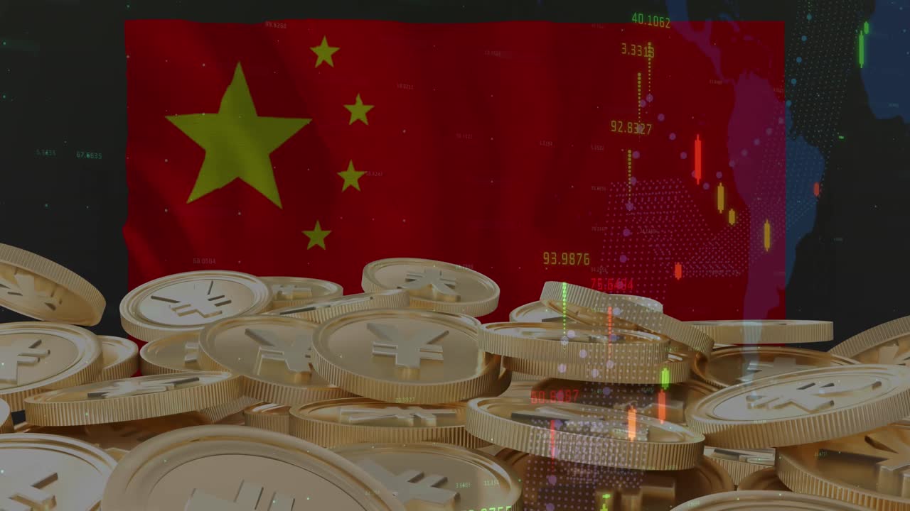 Animación de bandera china ondeando sobre procesamiento de datos financieros y monedas de oro de yen japonés.