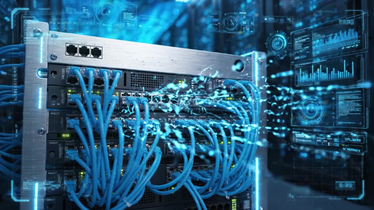 High-Tech Data Center Environment Showcasing Modern Network Equipment with Blue Cables, Featuring Servers and Connections for Optimal Data Transfer Efficiency