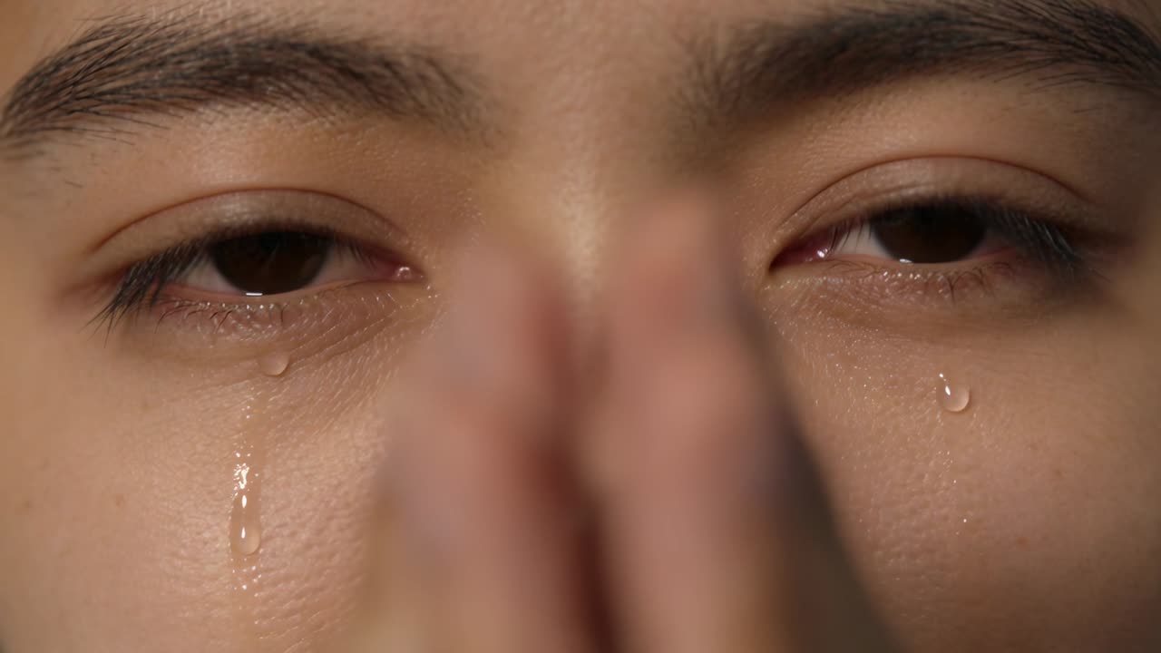 눈물을 흘리는 성인 여성이 스튜디오에서 얼굴 쪽으로 손을 올리며 콧등을 닦아냅니다.
