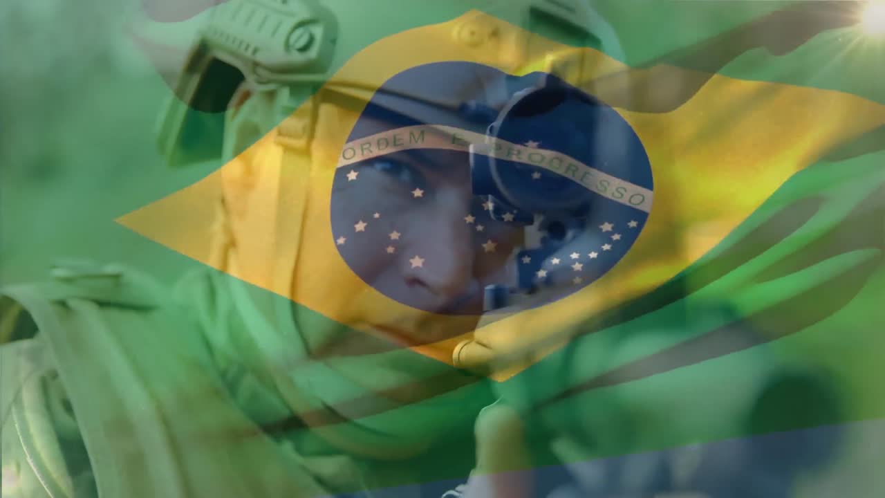 animación de la bandera de brasil sobre un soldado caucásico que apunta con un arma