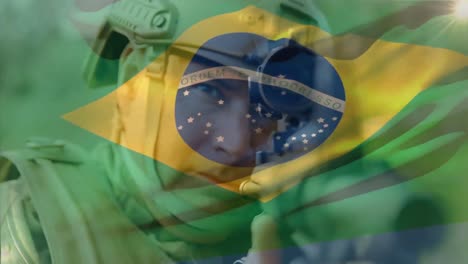 animation of flag of brazil over caucasian male soldier aiming with weapon