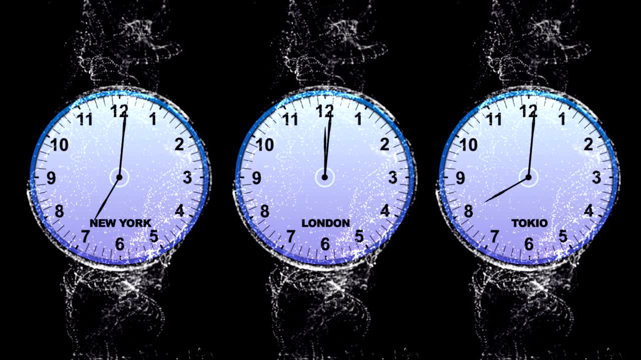 WORLD TIME CONCEPT, Three Clocks in Fibers Ring, Animation, Background, Loop