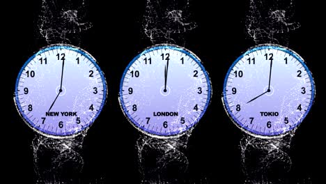concepto de tiempo del mundo, tres relojes en fibras anillo, animación, fondo, bucle