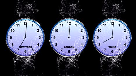 world time concept, three clocks in fibers ring, animation, background, loop