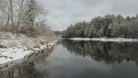 winter on piscataquis river. maine. usa. aerial forward