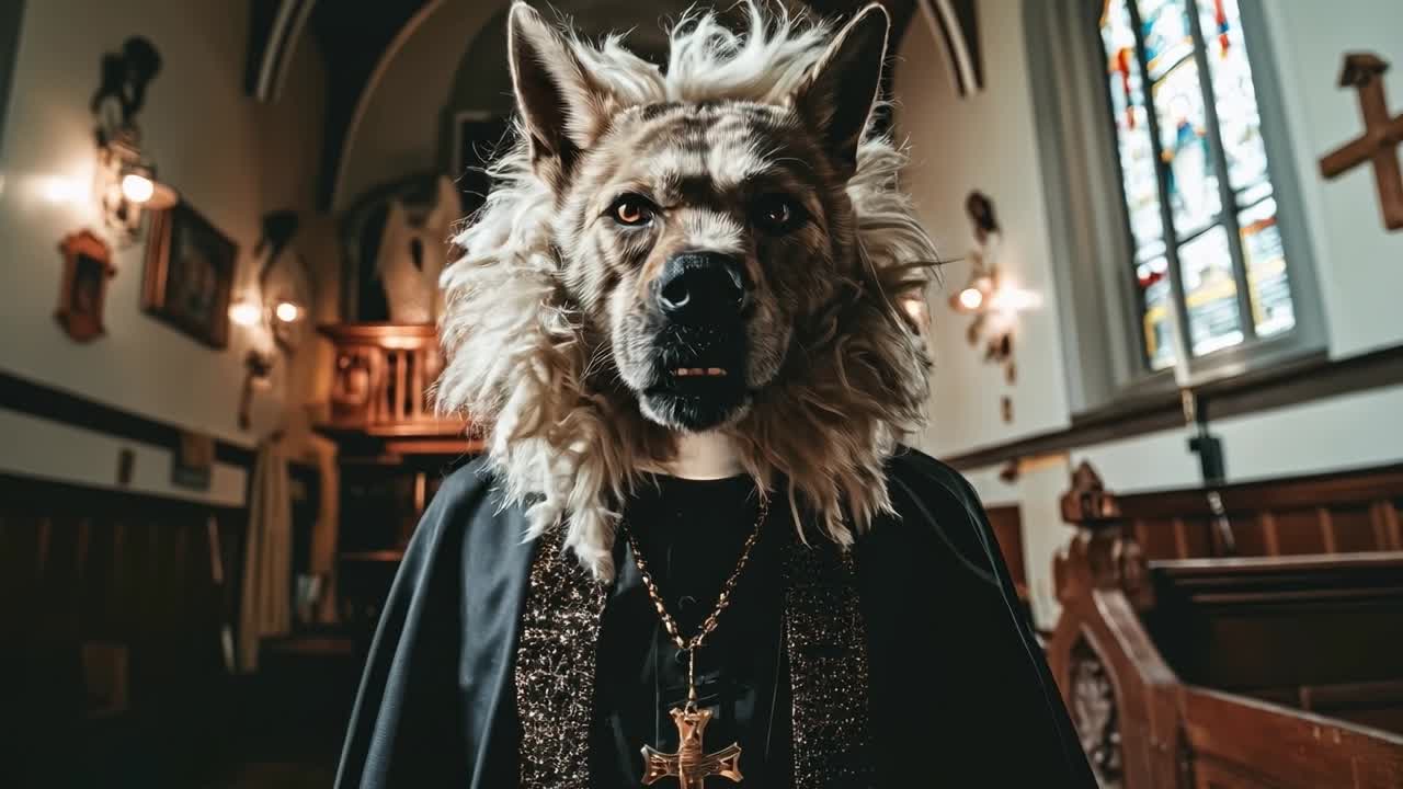 un perro con la túnica de un sacerdote en una iglesia