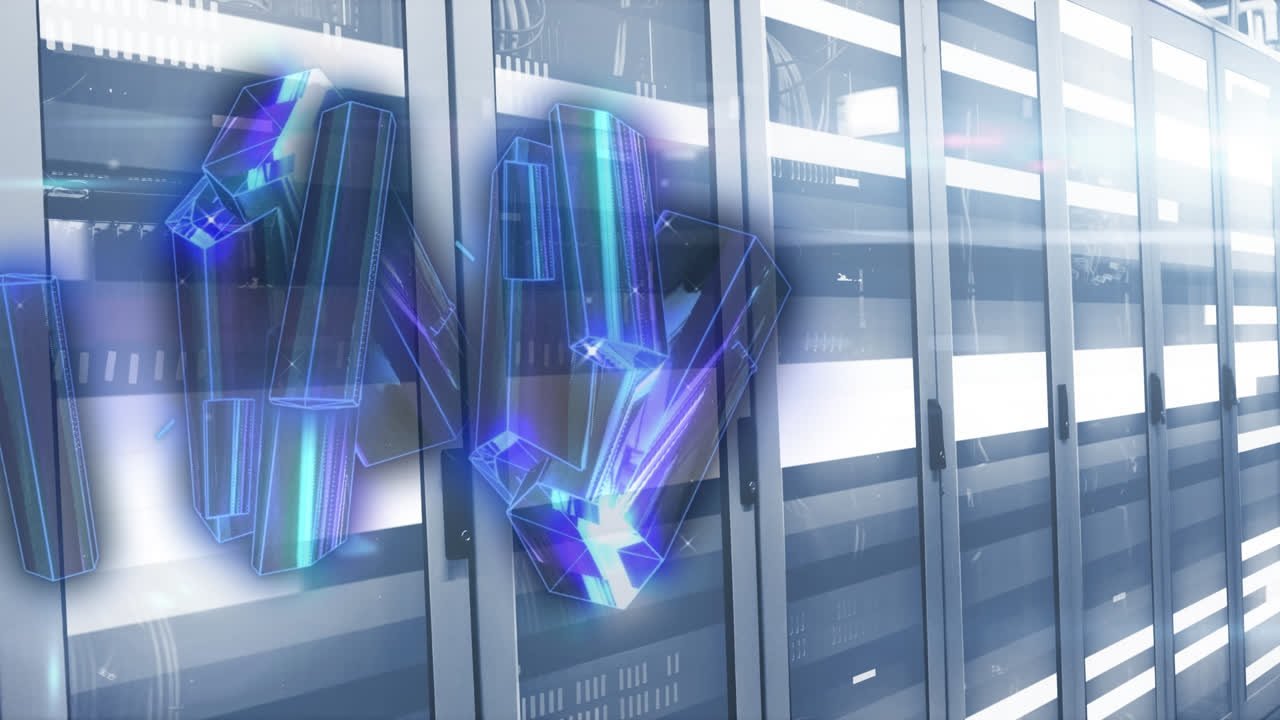 Animation of moving shapes and lines over server room