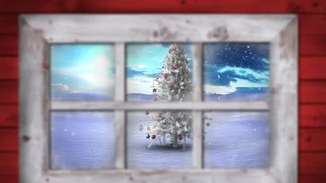 Animation-Von-Schnee,-Der-über-Den-Weihnachtsbaum-Fällt,-Und-Winterlandschaft,-Die-Durch-Das-Fenster-Gesehen-Wird