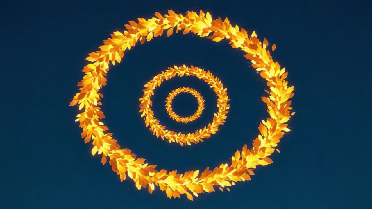 A mesmerizing visual of swirling golden leaves arranged in elegant concentric circles against a dark sky, creating a captivating and serene atmosphere full of nature's beauty