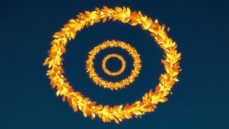 A mesmerizing visual of swirling golden leaves arranged in elegant concentric circles against a dark sky, creating a captivating and serene atmosphere full of nature&#039;s beauty