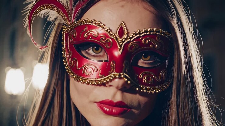 Donna che indossa una maschera rossa del Carnevale veneziano