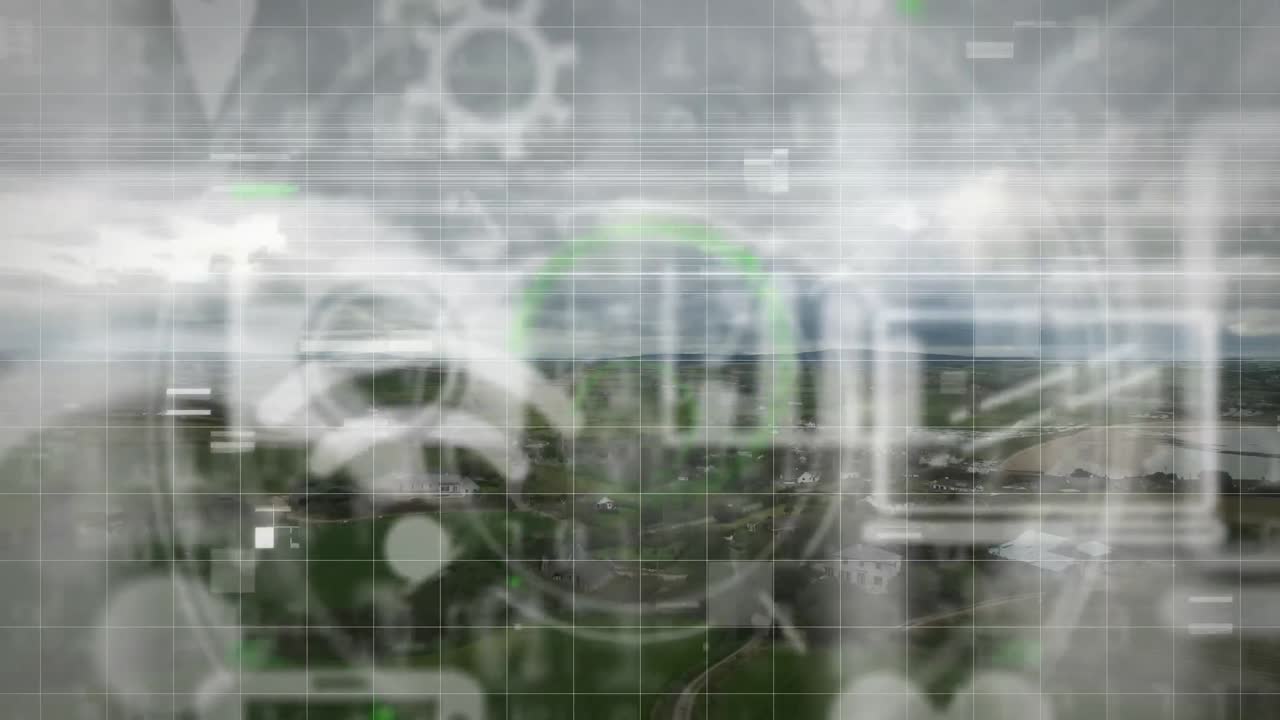 풍경 위에 떠다니는 디지털 온라인 아이콘의 애니메이션