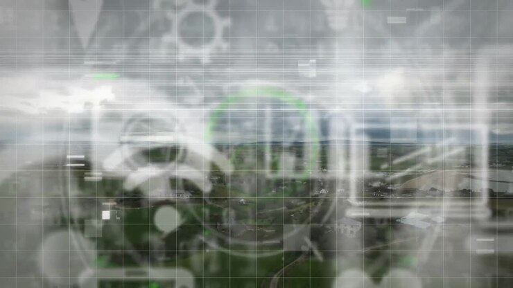 Animation of digital online icons floating over landscape