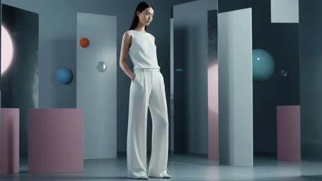 a contemporary fashion showcase featuring a model in minimalist white attire surrounded by geometric shapes and reflective surfaces in a modern art setting