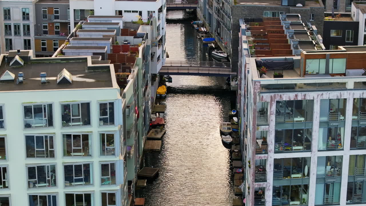 Aerial drone view of the Teglholmen peninsula in the South Harbour of Copenhagen, Denmark