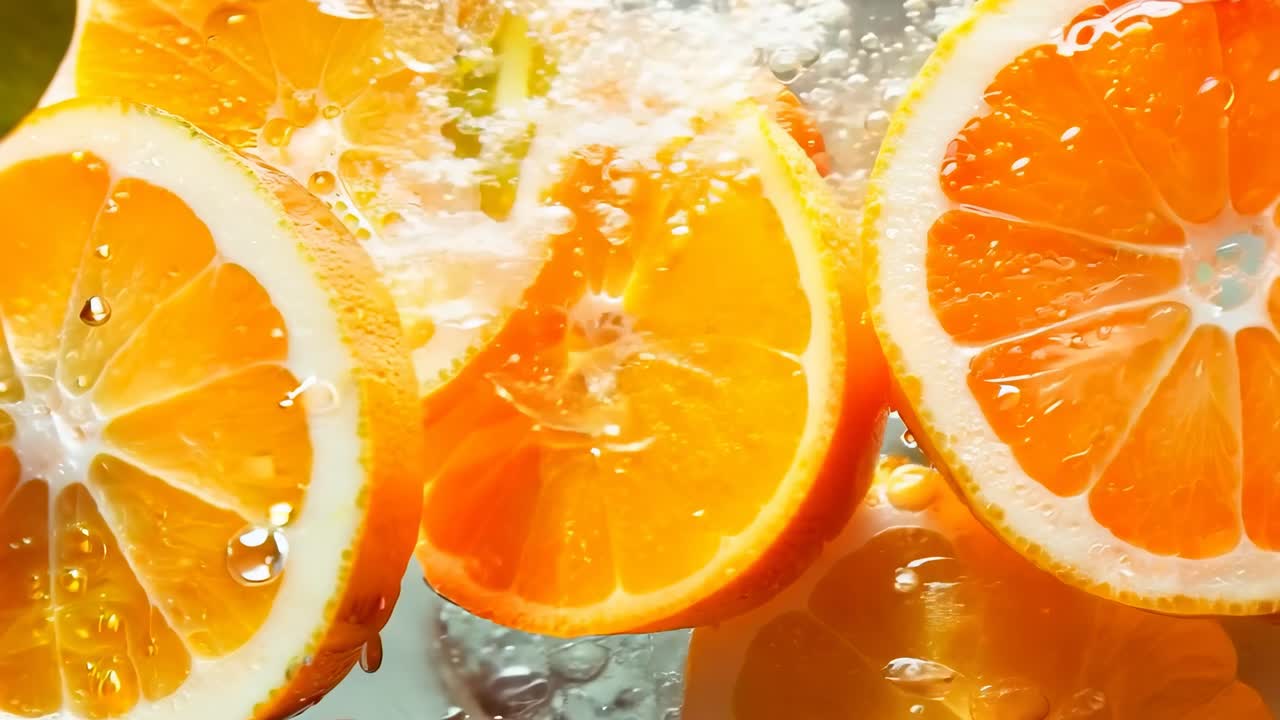 Video ravvicinato di vivaci fette d'arancia che schizzano nell'acqua, ripreso da un angolo alto