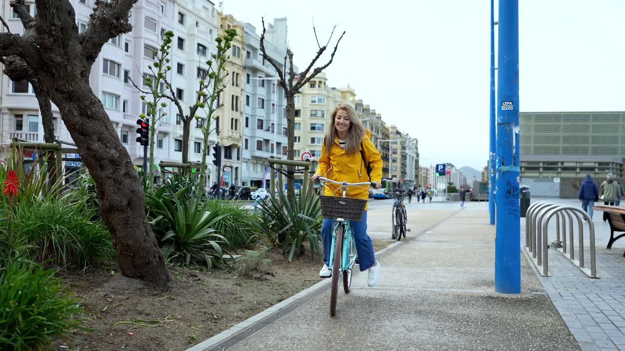 Woman Riding Bicycle in City Street