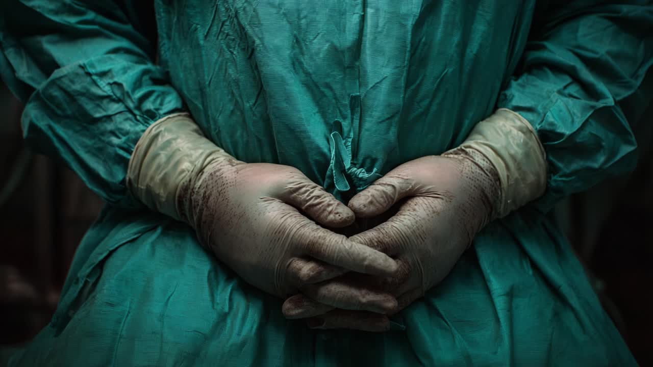A Healthcare Professional in Surgical Apparel with Gloved Hands Folded in a Thoughtful Pose, Capturing a Moment of Anticipation and Determination in the Operating Room