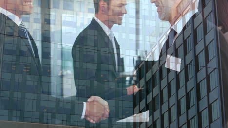 digital composition of business people shaking hands against tall buildings in background