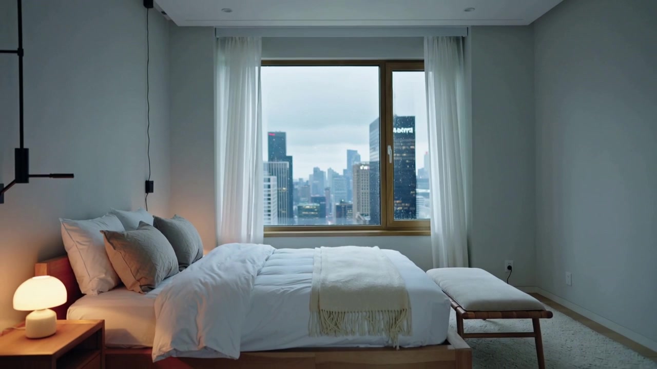 Tende trasparenti ondeggianti, brezza che rivela un letto in legno e lo skyline della città in una suite d'hotel, lampada accesa.