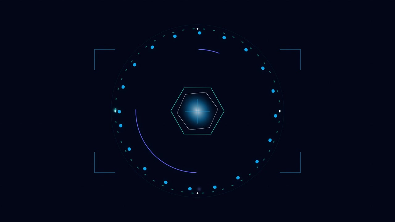 Futuristic Digital HUD Interface with Rotating Hexagon and Circular Data
