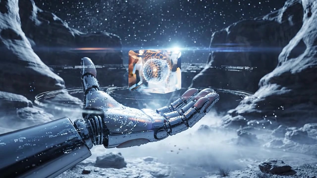 A futuristic robot hand reaches out, presenting a glowing object against a cosmic backdrop with stars and rocky terrain, showcasing advanced technology and exploration.