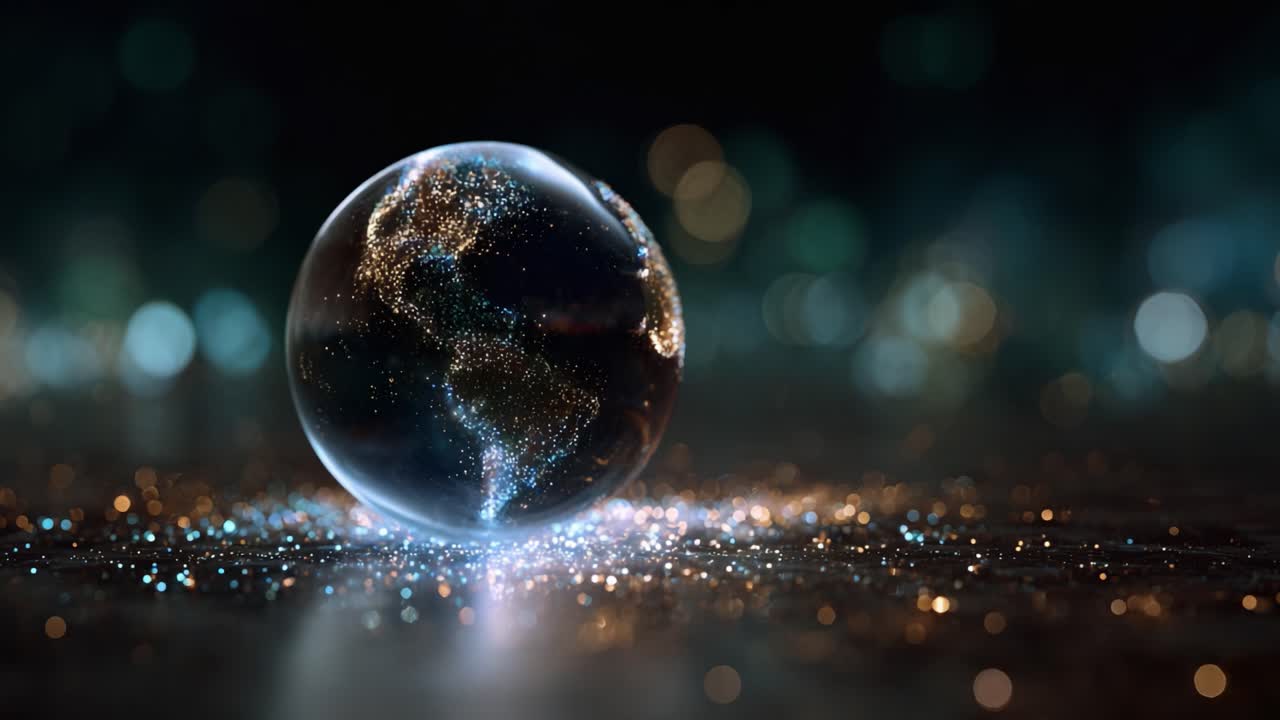 Ein atemberaubend beleuchteter Globus, der die Kontinente der Erde und funkelnde Sterne zeigt und die Schönheit unseres Planeten vor einem faszinierenden Bokeh-Hintergrund verkörpert