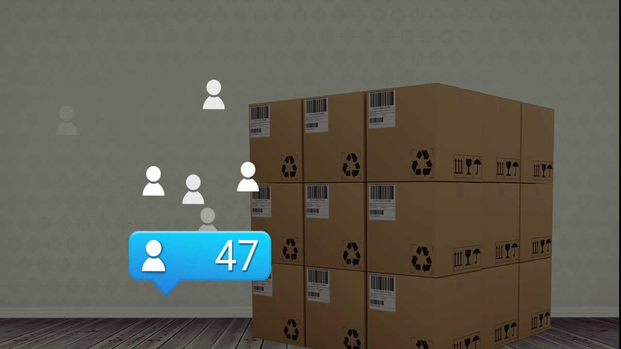 소셜 미디어 알림과 사람들의 아이콘이 쌓인 카드보드 상자 위에 증가하는 애니메이션