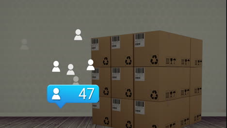 animación del aumento de las notificaciones de las redes sociales y los iconos de personas sobre cajas de cartón apiladas