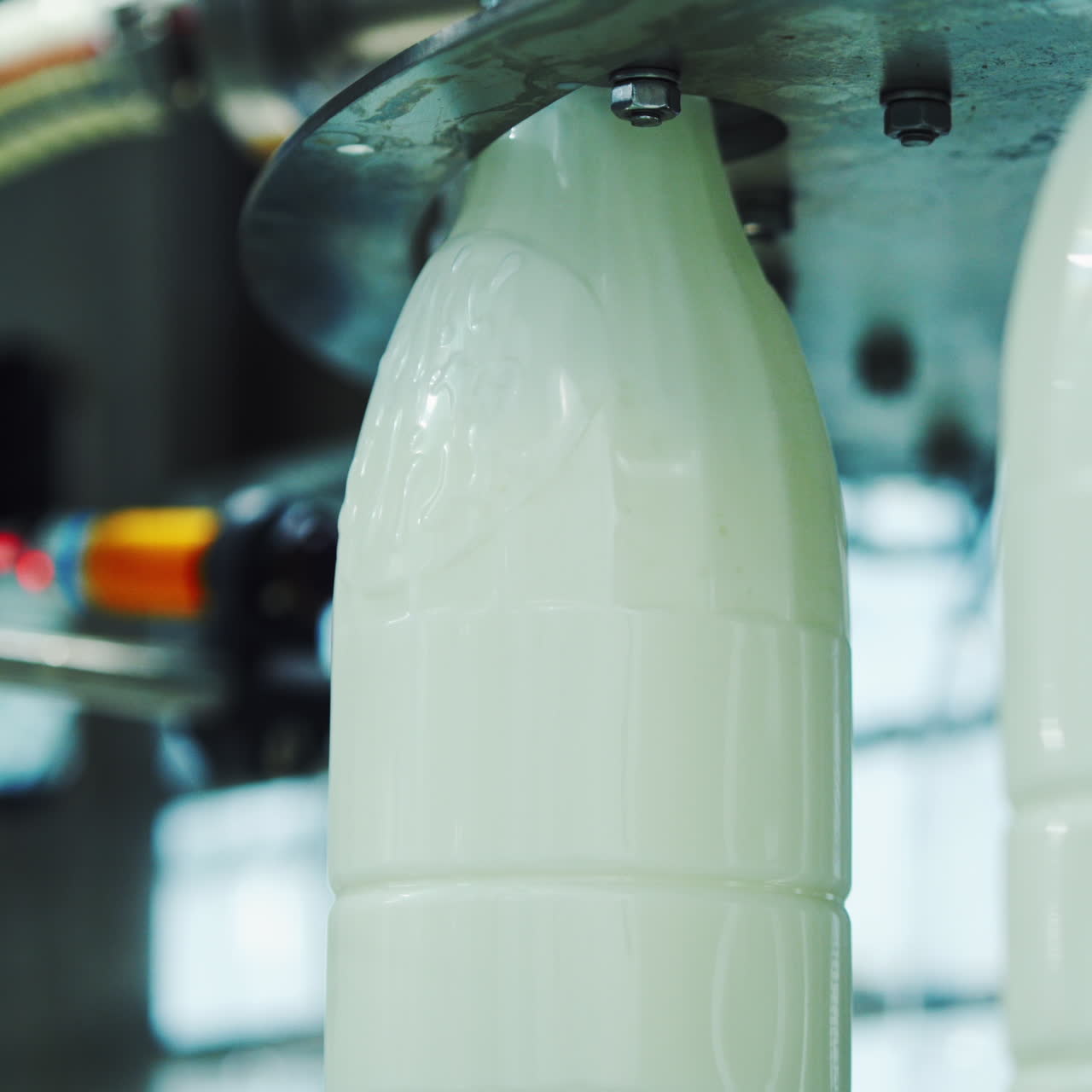 Milk is pouring into plastic bottles at a modern food factory. Footage of milk bottles at the production line in a milk company. Dairy production close-up.