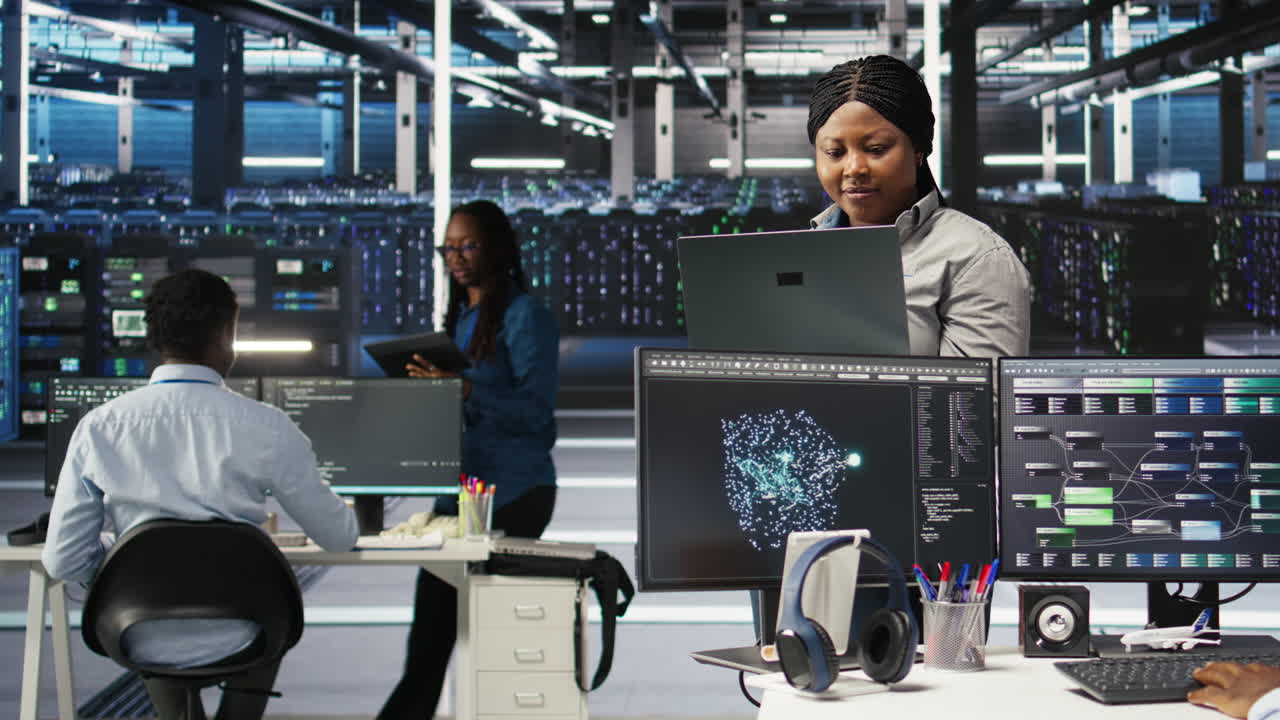 Cheerful data center employee using node tree software to analyze datasets