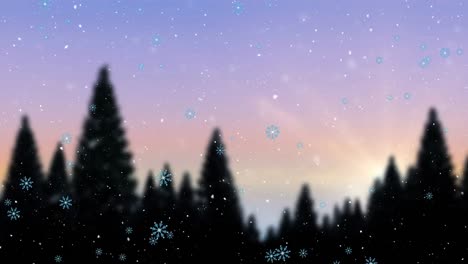 Animation-of-snow-falling-over-winter-landscape-background