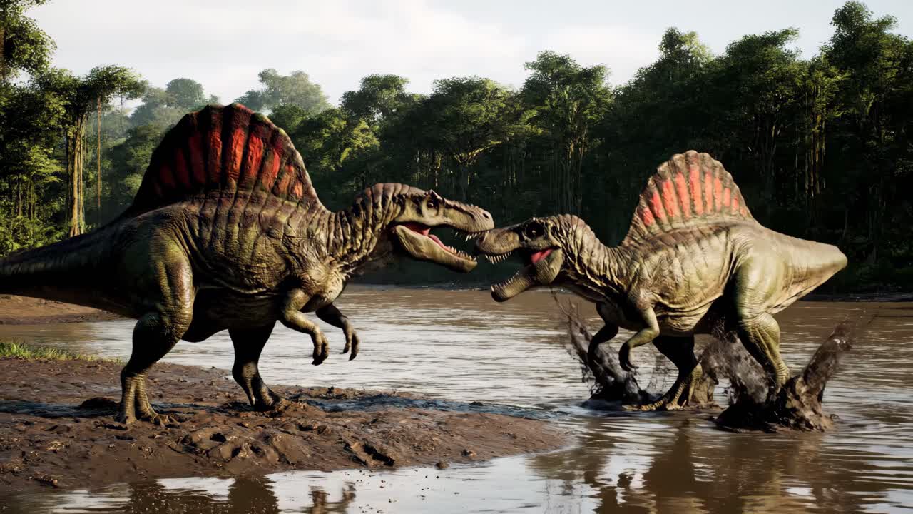 Two Spinosaurus in a muddy river
