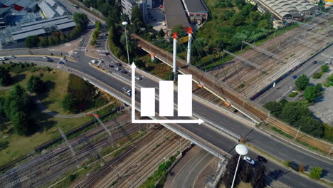 bar chart animation over aerial view of busy road and railway tracks