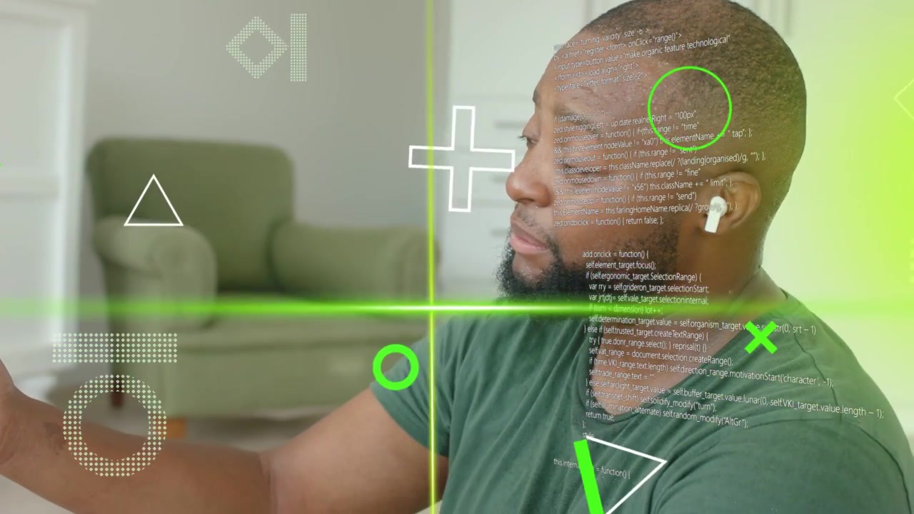 Man tapping smartphone in living room activating AR app, green graphics aligning with face and hand