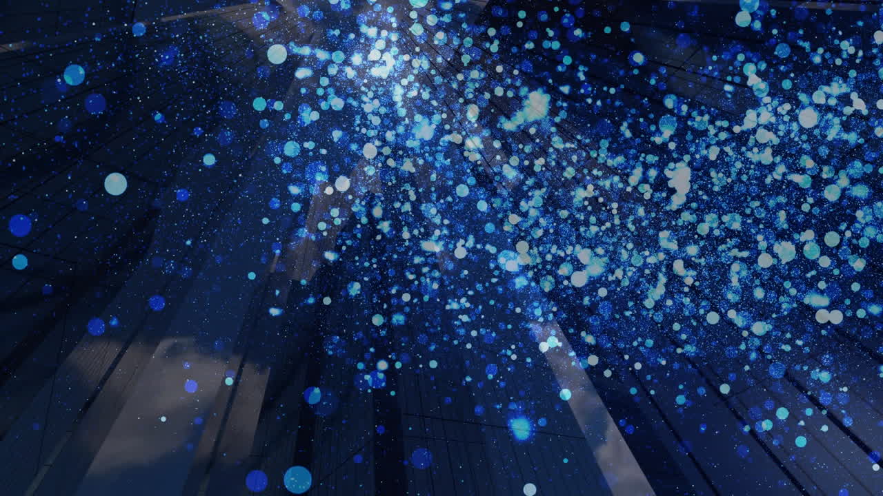 배경 에 있는 현대 사무실 건물 위 에 빛나는 파란색 반점 들 의 애니메이션