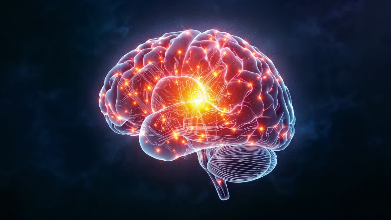 Starting 3D brain in void, sparks intensifying, camera rotating, highlighting synaptic nodes