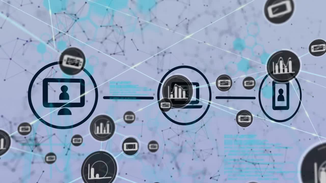 animación del procesamiento de datos, iconos digitales y red de conexiones contra un fondo gris.