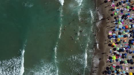 Menschen,-Die-In-Wellen-An-Einem-Belebten-Strand-Mit-Sonnenschirmen-Schwimmen,-Aus-Der-Vogelperspektive