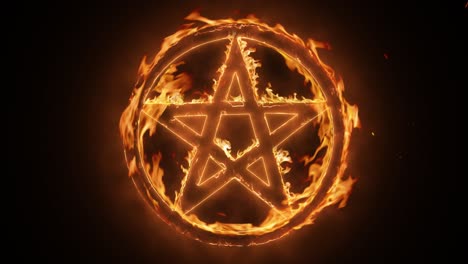 exciting and highly emotive reveal animation of the pagan pentacle symbol in a circle, in roaring flames, burning embers and sparks, on a smokey, glowing black background