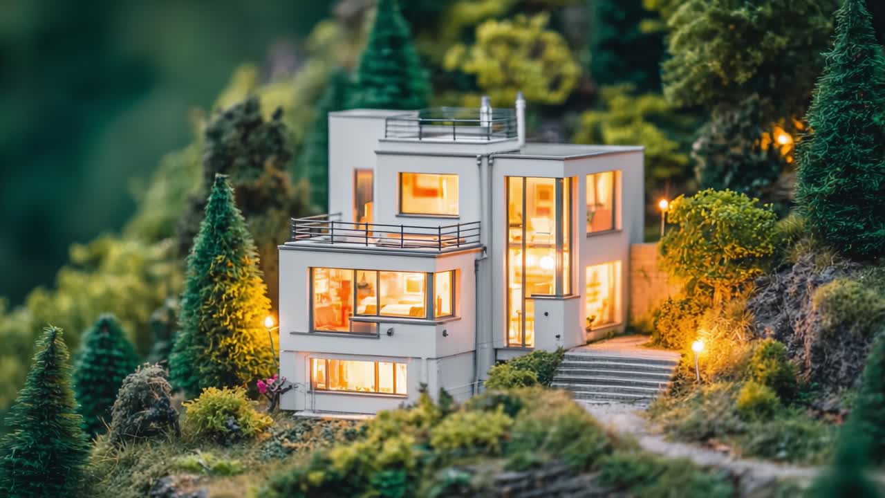 A Detailed View of a Modern Miniature House Nestled Among Lush Greenery, Showcasing Its Architectural Elegance and Warm Glow at Dusk