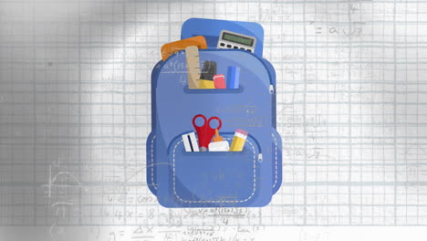 animación de ecuaciones matemáticas y icono de mochila escolar sobre fondo blanco