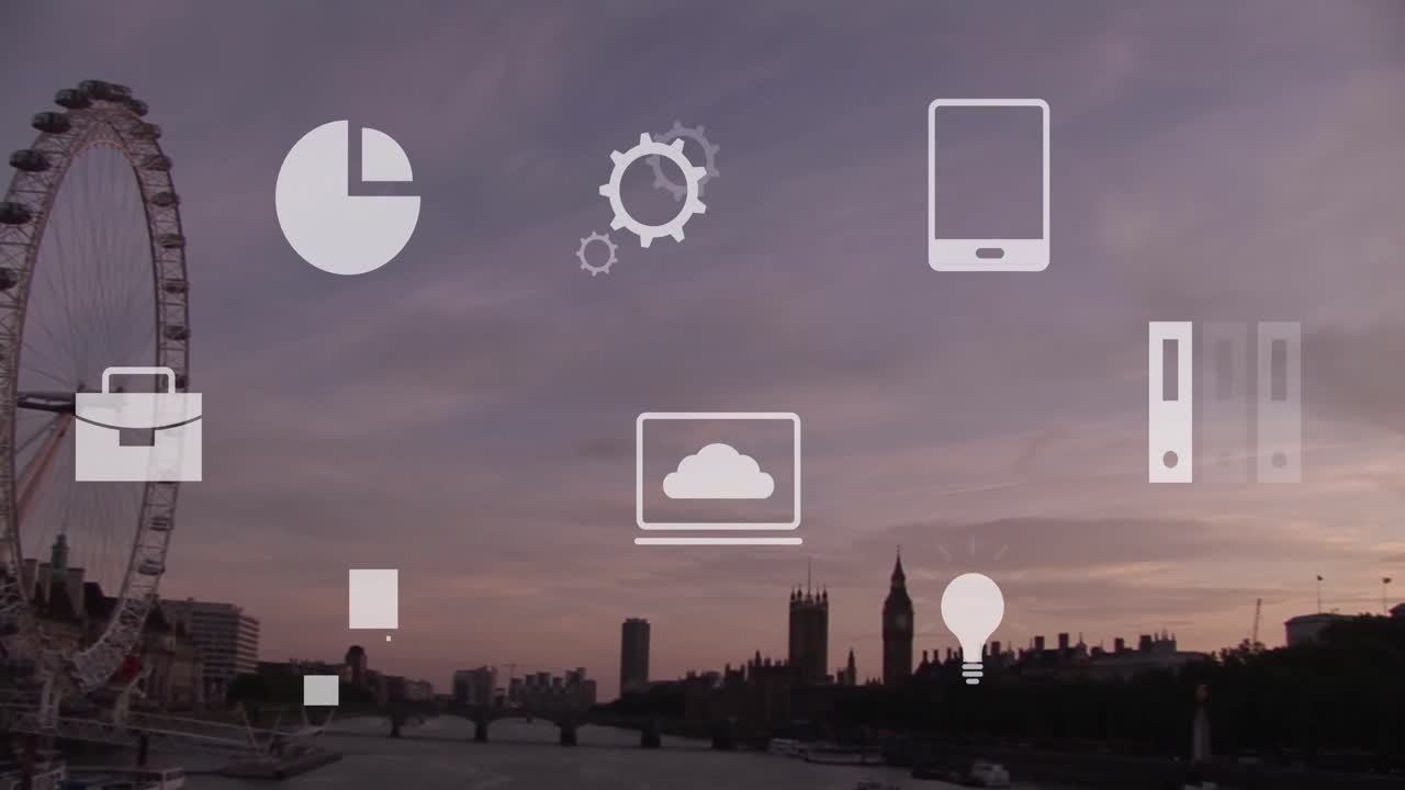 Animation of multiple icons over giant wheel against modern city in background
