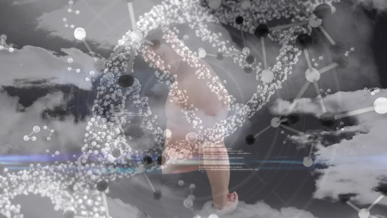 DNA-animaatio ja tiedonkäsittelykuvitus valkoihoisen miesurheilijan yllä.